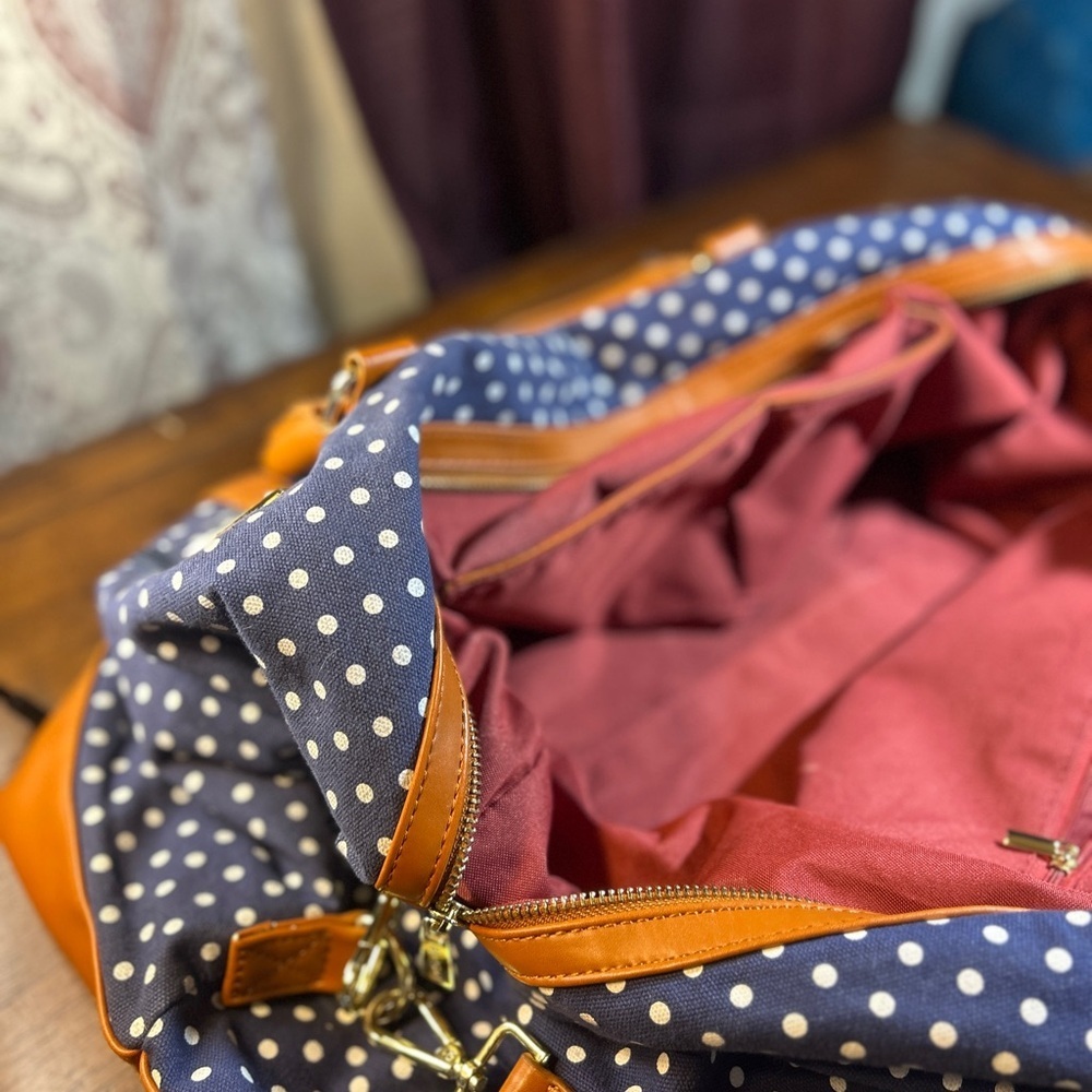 Stylish Navy Polka Dot Travel Bag with Tan Details​ - Picture 12 of 12